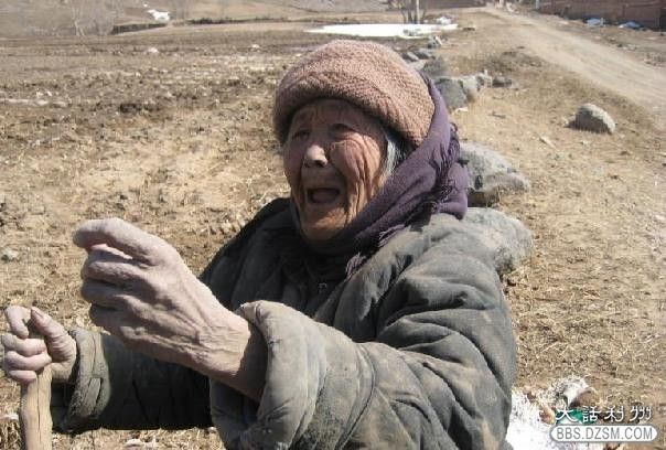 寒风中,吃树叶子的老人